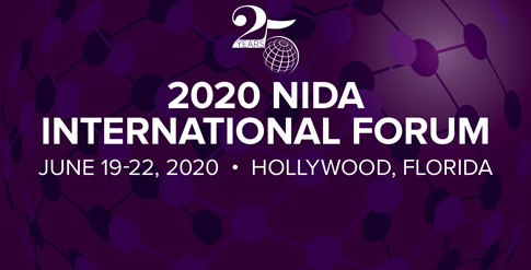 Gráfico que muestra las fechas -- del 19 al 22 de junio de 2020 -- y la ubicación -- Hollywood, Florida - del 25o Foro Internacional de NIDA