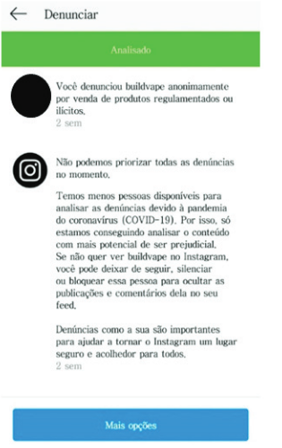 Resposta automática do Instagram à denúncia de conteúdo de propaganda de DEF