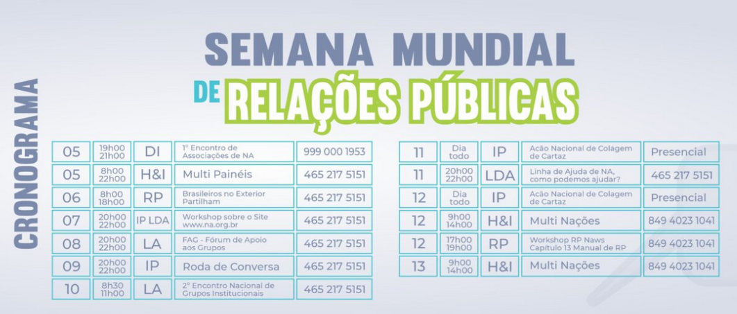 Cronograma da Semana Mundial de Relações Públicas de NA