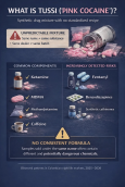 Infographic titled "What Is Tussi (Pink Cocaine)?" showing that Tussi is a synthetic drug mixture with no standardized recipe. Left column lists common components: ketamine, MDMA, methamphetamine, and caffeine. Right column shows increasingly detected risks: fentanyl, benzodiazepines, and synthetic cathinones. Large warning states "No Consistent Formula" - samples sold under the same name often contain different and potentially dangerous chemicals