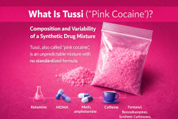 Educational infographic explaining Tussi, also known as “pink cocaine,” as an unpredictable synthetic drug mixture with no standardized composition.