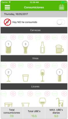 Sideal app for alcohol use Screenshot of the Sideal app showing options to input what alcohol has been consumed