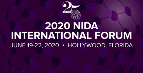 Gráfico que muestra las fechas -- del 19 al 22 de junio de 2020 -- y la ubicación -- Hollywood, Florida - del 25o Foro Internacional de NIDA