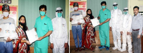 Distribuição de ações de EPI para equipar funcionários do hospital e trabalhadores sanitários para a luta contra o coronavírus pelo ISSUP Paquistão
