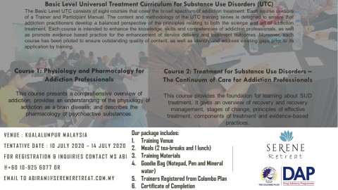 UTC Training Workshop for Addiction Professionals Serene Retreat is organizing Universal Treatment Curriculum Workshop covering UTC 1 & 2 courses for all the healthcare professionals.
