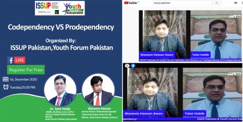 Sessione dal vivo su "Codipendenza VS Pro-dipendenza" Organizzata dal capitolo ISSUP Pakistan e dal Forum giovanile Pakistan (per la prevenzione dell'uso di droghe) il 1° dicembre 2020 dalla pagina Facebook del capitolo ISSUP Pakistan.