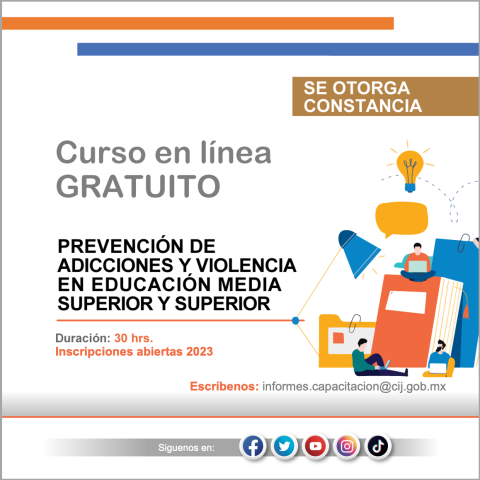 Curso en línea gratuito: Prevención de adicciones y disouryia en educación media superior y superior