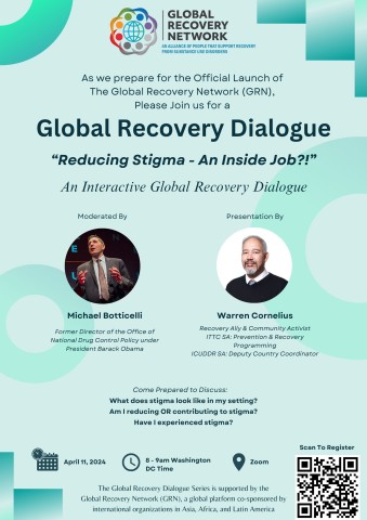 Global Recovery Dialogue Poster for the event taking place on 11 April 2024. A profile photo of moderator Michael Bottecelli and presenter Warren Cornelius