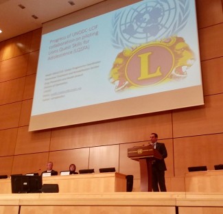 Wadih Maalouf, UNODC Project Officer presenting on UNODC’s collaboration with the Lions Club International Foundation at the Assembly Hall of the Palais des Nations in Geneva, Switzerland