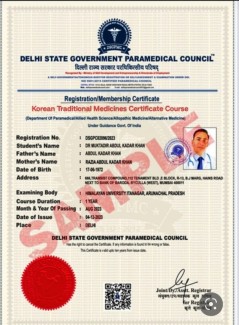 Sample Regestration Certificate by Paramedical Council of India with official Regestration no.