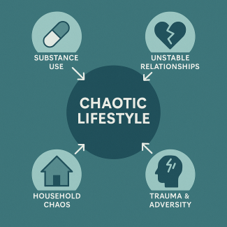 Infographic illustrating the Chaotic Lifestyle Model. Four primary contributors—substance use, unstable relationships, household chaos, and trauma/adversity—are shown feeding into a central “Chaotic Lifestyle” circle. Designed for educational use in addiction treatment, mental health services, and public-health training.