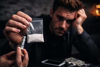 Description: Educational image depicting cocaine use and stimulant-driven dopamine dysregulation. A distressed man examines a bag of white powder, representing stimulant misuse, binge patterns, compulsive sexual behavior, and dopamine depletion during addiction.