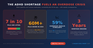 Infographic: The ADHD medication shortage fuels an overdose crisis. 7 in 10 counterfeit pills contain lethal fentanyl doses, 60 million pills seized in 2024, 59% of overdoses involve stimulants, shortage ongoing for 3 years globally. By Benjamin Zohar, NCACIP for ISSUP.
