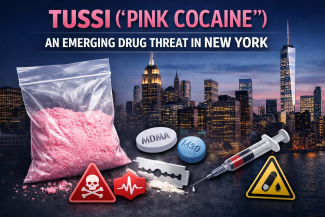Educational illustration showing Tussi, also known as pink cocaine, highlighting the risks of synthetic drug mixtures in New York.