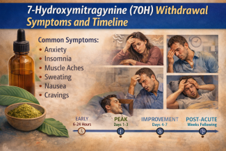 Infographic showing 7-hydroxymitragynine (7OH) withdrawal symptoms and timeline including anxiety, insomnia, muscle aches, and cravings