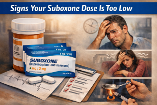Illustration showing signs that a Suboxone dose may be too low, including withdrawal symptoms and cravings