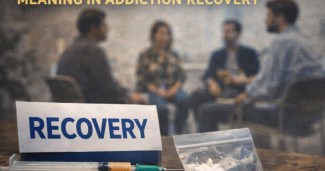 Abstinence definition and meaning in addiction recovery showing a recovery group session with substances in foreground representing the choice to refrain from drug and alcohol use