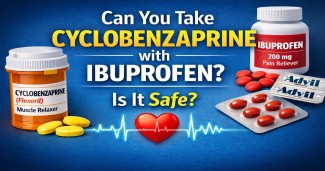 Cyclobenzaprine (Flexeril) and ibuprofen medication safety illustration showing potential interactions between muscle relaxers and NSAIDs.