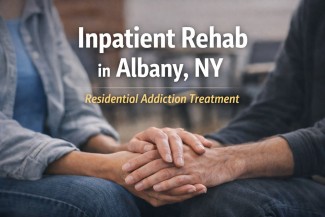 A supportive counseling-style image of two people holding hands with "Inpatient Rehab in Albany, NY"