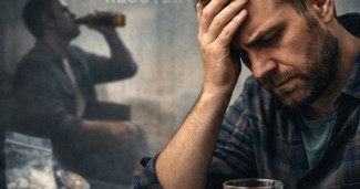 Man experiencing relapse in addiction recovery holding a glass of alcohol with head in hand depicting the emotional struggle of returning to substance use after a period of abstinence