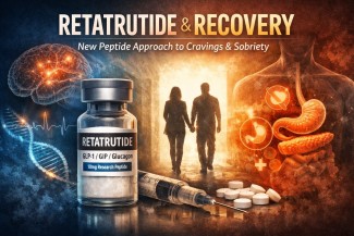 Retatrutide is a triple-agonist peptide being studied for metabolic regulation and appetite signaling — pathways that also influence cravings and recovery stabilization.