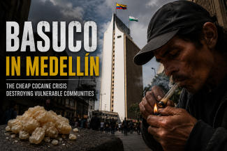     Basuco addiction crisis in downtown Medellín with the Coltejer building in the background