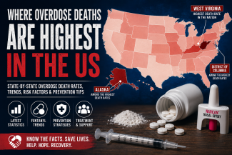 alt=Infographic showing the US states with the highest drug overdose death rates, highlighting West Virginia, Alaska, and Washington DC, with fentanyl, overdose prevention statistics, Narcan nasal spray, and addiction recovery resources.