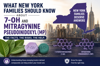Educational graphic for New York families explaining the risks of 7-hydroxymitragynine (7-OH) and mitragynine pseudoindoxyl (MP), featuring a New York skyline, kratom leaves, example tablets, and chemical structures to illustrate emerging kratom-derived opioid compounds.