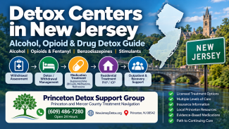 New Jersey detox guide covering alcohol, opioids, fentanyl, benzodiazepines, medication treatment, residential care, PHP, IOP and Princeton treatment-navigation resources.
