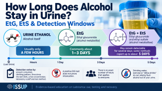 Infographic showing how long alcohol stays detectable in urine, comparing urine ethanol, EtG, and EtG plus EtS detection windows from a few hours to about 5 days.