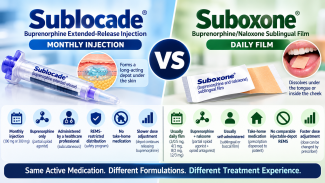 Sublocade vs. Suboxone comparison showing monthly buprenorphine injection versus daily buprenorphine-naloxone film, including dosing, administration, REMS, take-home access, and dose flexibility.