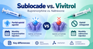 Sublocade vs. Vivitrol comparison showing buprenorphine as a partial opioid agonist and naltrexone as an opioid antagonist, with differences in monthly dosing, detox requirements, and overdose considerations.