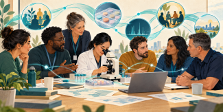 Illustration of community, health, laboratory and law enforcement professionals sharing information around a table, with connecting lines representing a coordinated response to emerging drug threats.