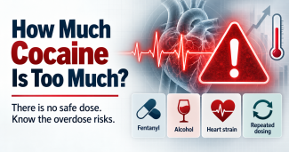Educational graphic explaining that there is no safe amount of cocaine and overdose risk depends on purity, fentanyl, alcohol and heart health.