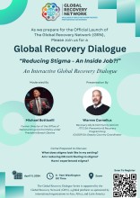Global Recovery Dialogue Poster for the event taking place on 11 April 2024. A profile photo of moderator Michael Bottecelli and presenter Warren Cornelius