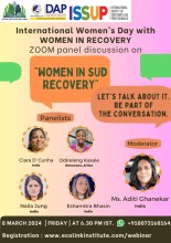 Come together for a Zoom Panel Discussion celebrating International Women's Day, focusing on "Women in SUD Recovery" with Women in Recovery.