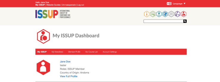 Screenshot of the ISSUP dashboard showing a highlighted box with links to My ISSUP, My Newsfeed, Member Profile, My Course List, and Account Settings.