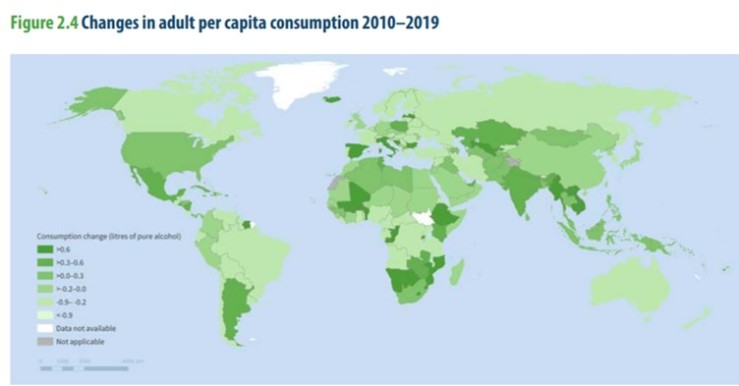 Changes in adult per capita alcohol consumption 2010–2019
