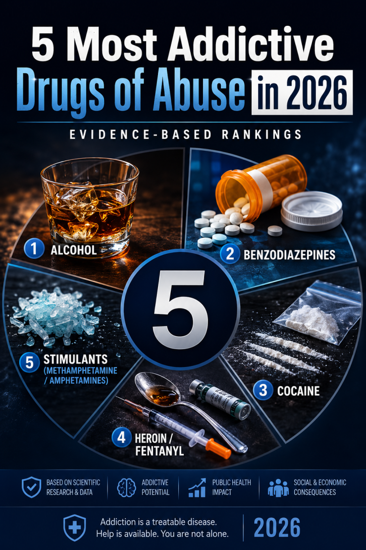 Five-segment wheel ranking the most addictive drugs of abuse in 2026: heroin and fentanyl, cocaine, methamphetamine, benzodiazepines, alcohol.