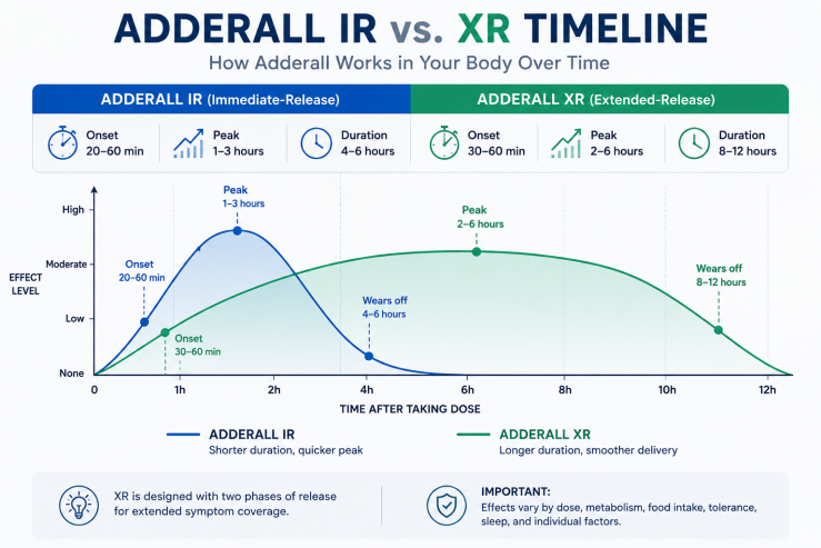 Infographic showing typical Adderall detection windows by drug test type, including urine (2–4 days), blood (up to 24 hours), saliva (1–2 days), and hair (up to 90 days), with factors that may influence detection times such as metabolism, dose, hydration, and testing method.