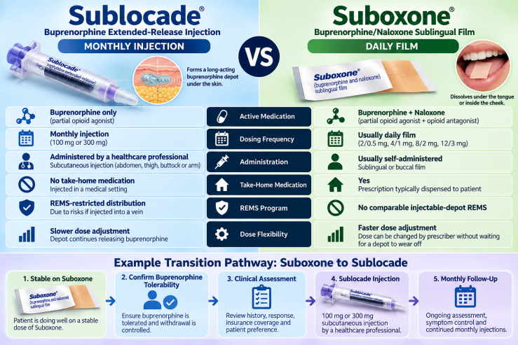 Suboxone to Sublocade transition pathway showing buprenorphine stabilization, clinical assessment, monthly injection and follow-up.