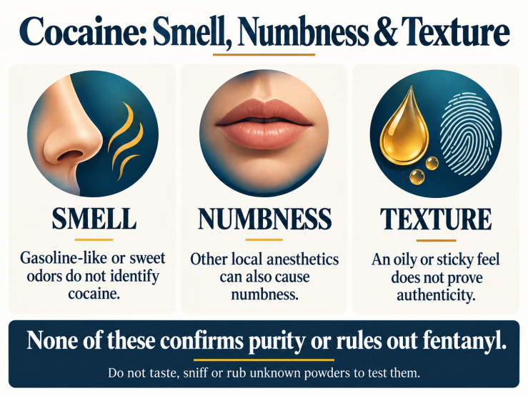     Smell, numbness and texture cannot confirm cocaine identity, purity or the absence of fentanyl.
