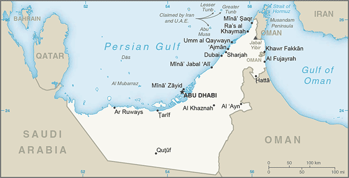 Political map of United Arab Emirates showing major cities.