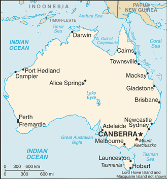 Political map of Australia showing major cities.