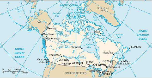 Political map of Canada showing major cities.