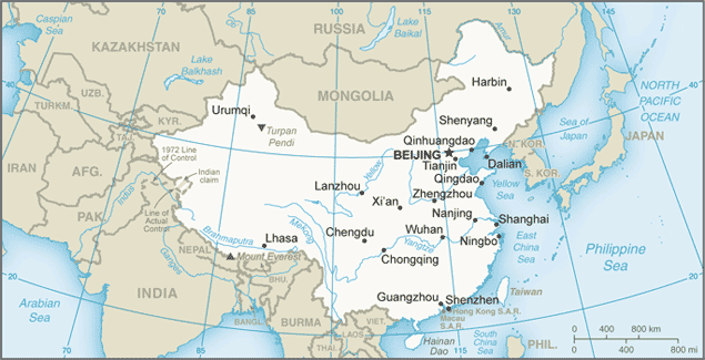 Political map of China showing major cities.