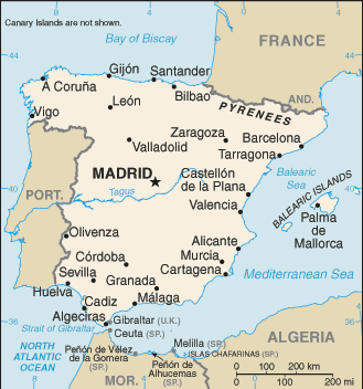 Political map of Spain Country Profile showing major cities.