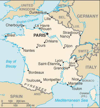 Political map of France showing major cities.