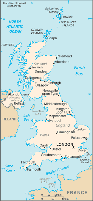 Political map of United Kingdom Country Profile showing major cities.