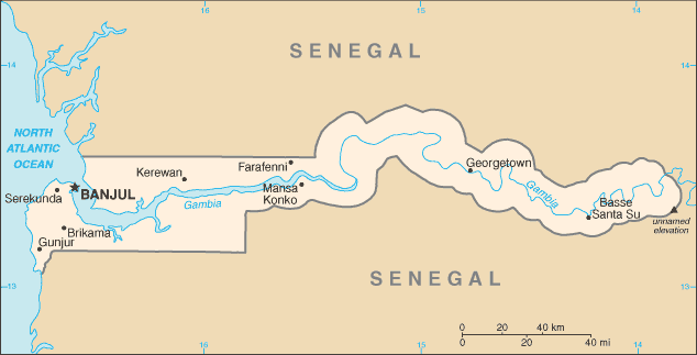 Political map of The Gambia Country Profile showing major cities.